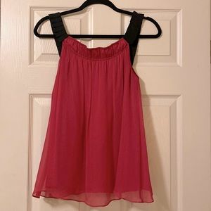 DVF dark pink silk crinkle chiffon with black grosgrain trim detail